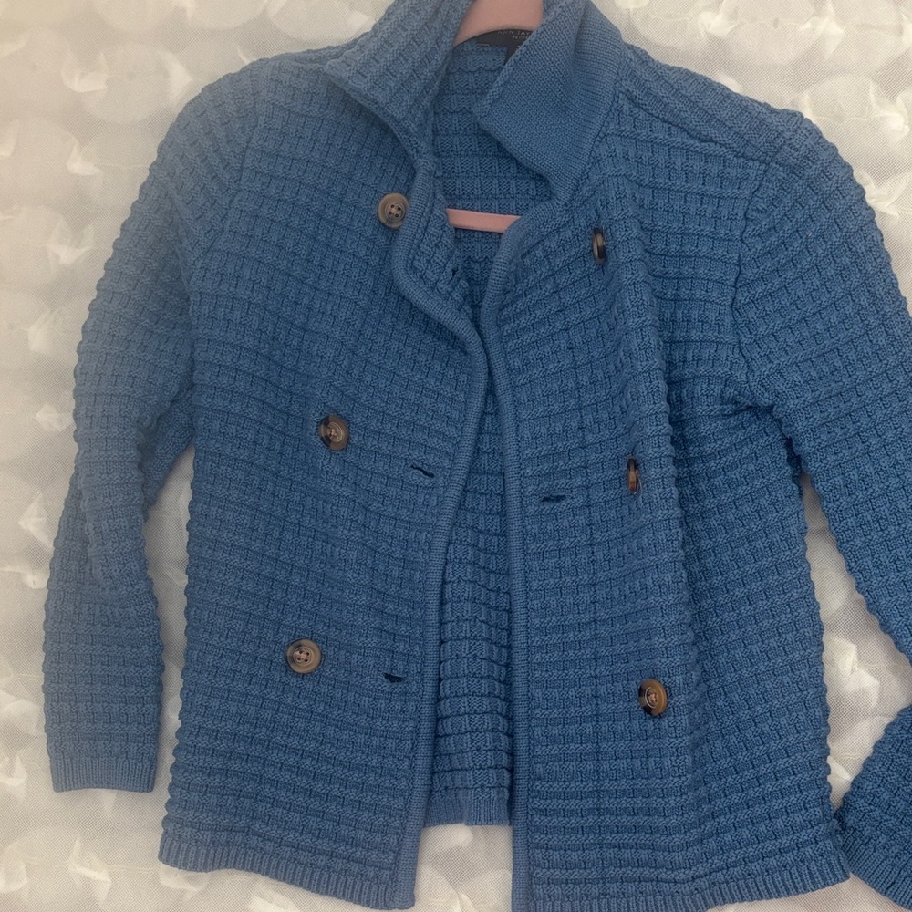 Ann Taylor Textured Blue Double-Breasted Jacket